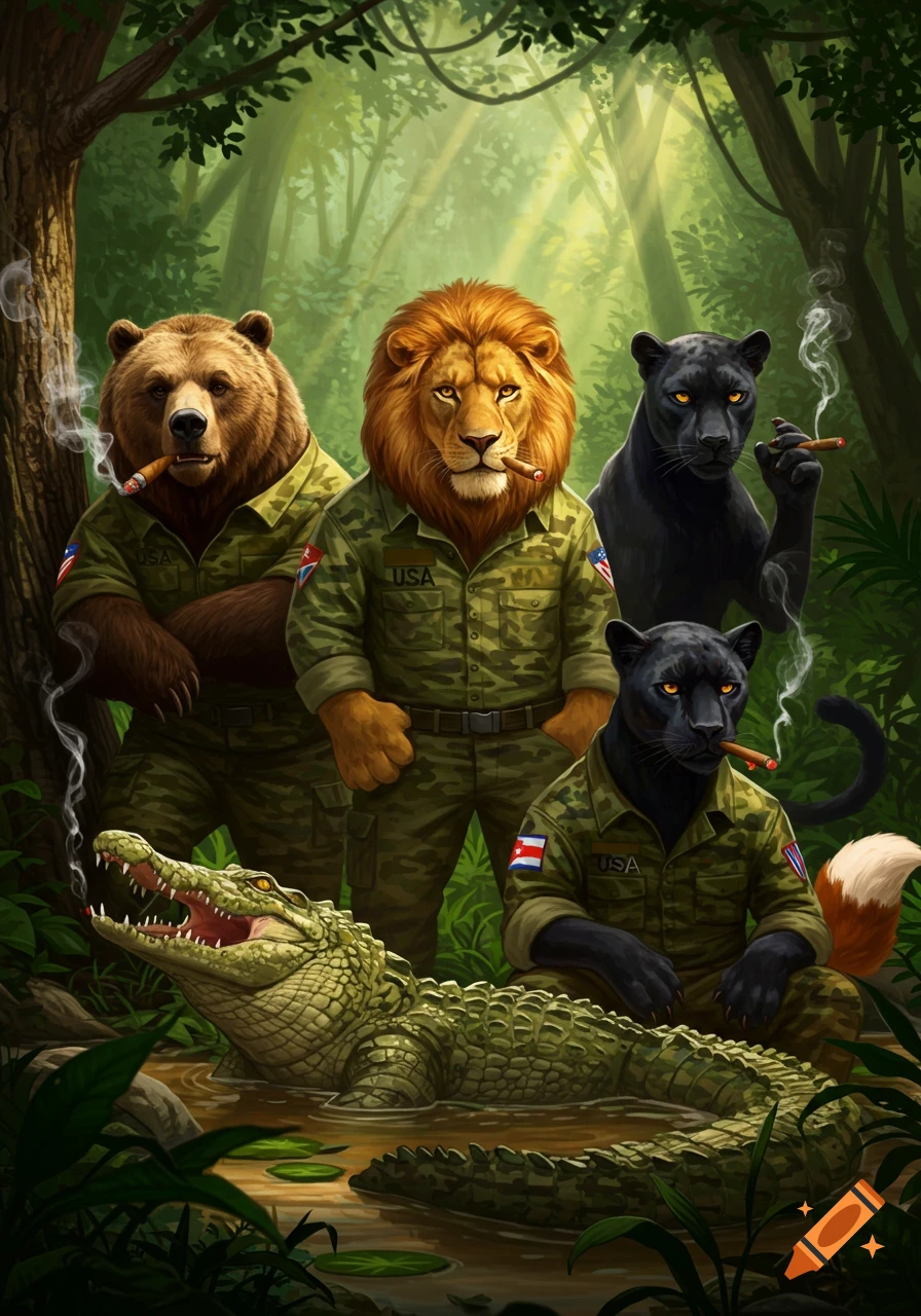 Anthropomorphic bear, lion, two panthers, and an alligator in USA military camo, smoking cigars in a lush jungle.