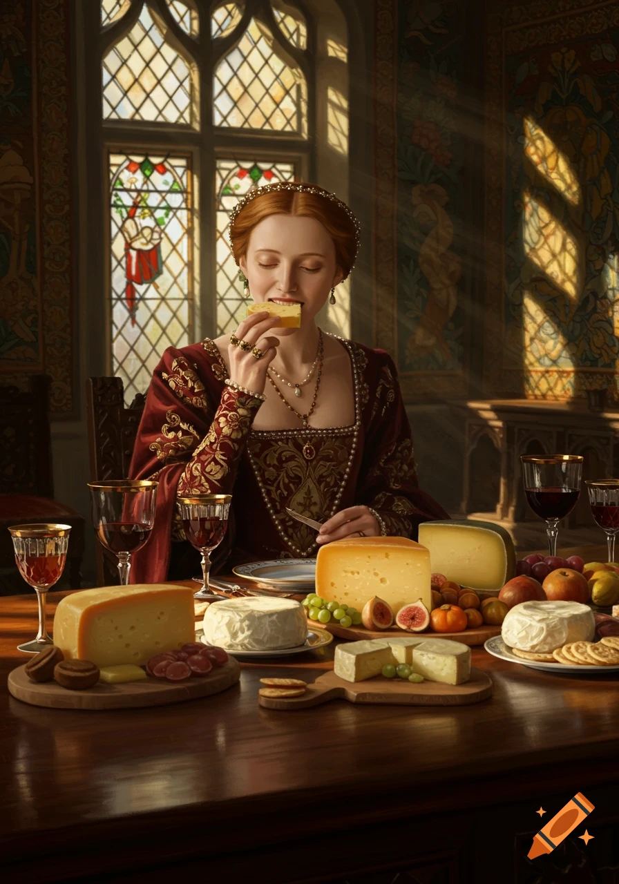 A woman in historical attire eats cheese at a grand table with various cheeses and fruits, illuminated by a stained glass window.
