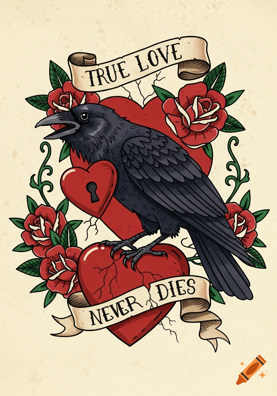 Old school tattoo illustration of a black raven on red hearts with roses and banners reading 'TRUE LOVE NEVER DIES'.