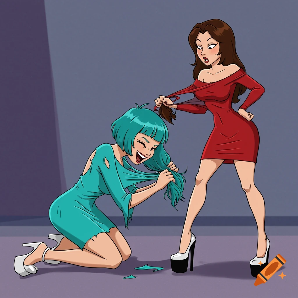Cartoon: A brunette woman in a red dress pulls the teal-haired woman's hair, who kneels laughing in a torn turquoise dress and platform heels.