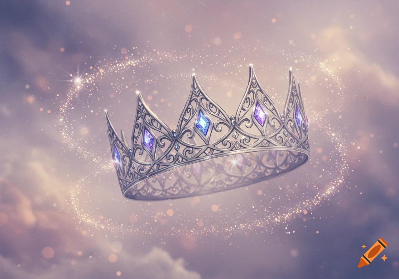 A detailed silver crown adorned with blue and purple jewels, surrounded by golden magical sparkles against a dreamy, cloudy sky.