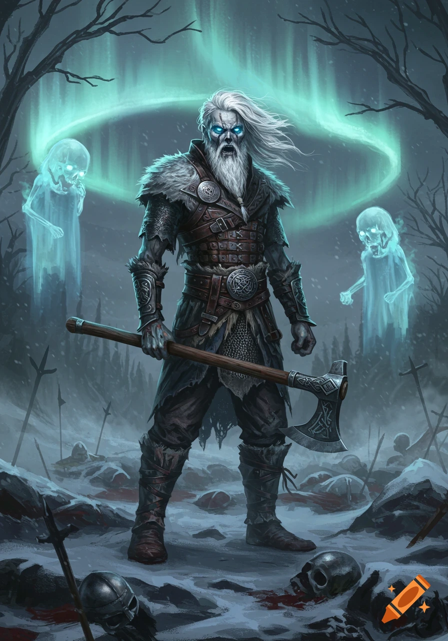 An undead Viking with glowing eyes and a white beard holds an axe in a snowy battlefield with ghosts and green aurora.