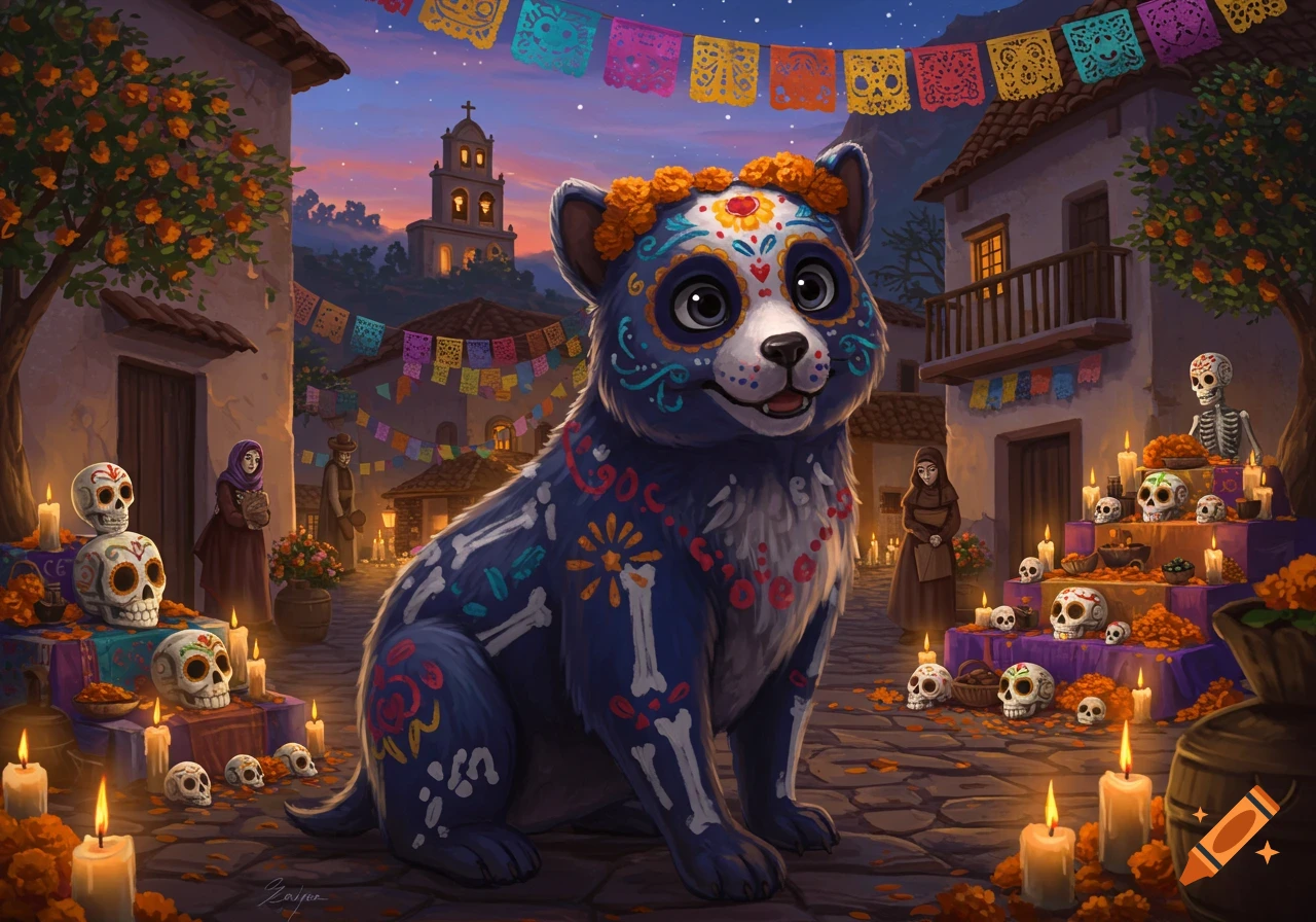 A cute blue Day of the Dead creature with decorative bones and flowers sits in a festive village street at dusk, surrounded by sugar skulls, candles, and papel picado. Illustration.