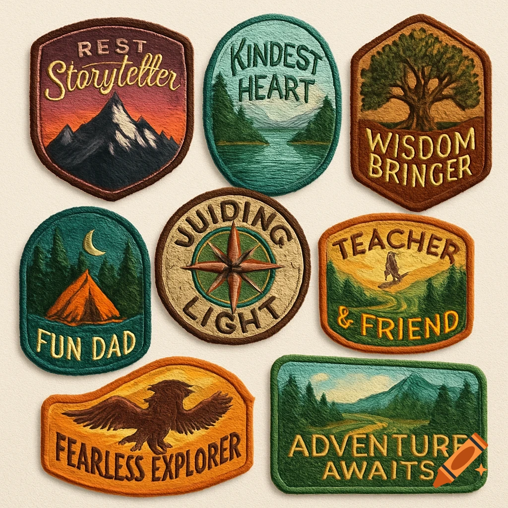 A collection of 8 embroidered patches with outdoor and adventure themes. Text includes "REST Storyteller", "KINDEST HEART", "WISDOM BRINGER", "FUN DAD", "GUIDING LIGHT", "TEACHER & FRIEND", "FEARLESS EXPLORER", and "ADVENTURE AWAITS".