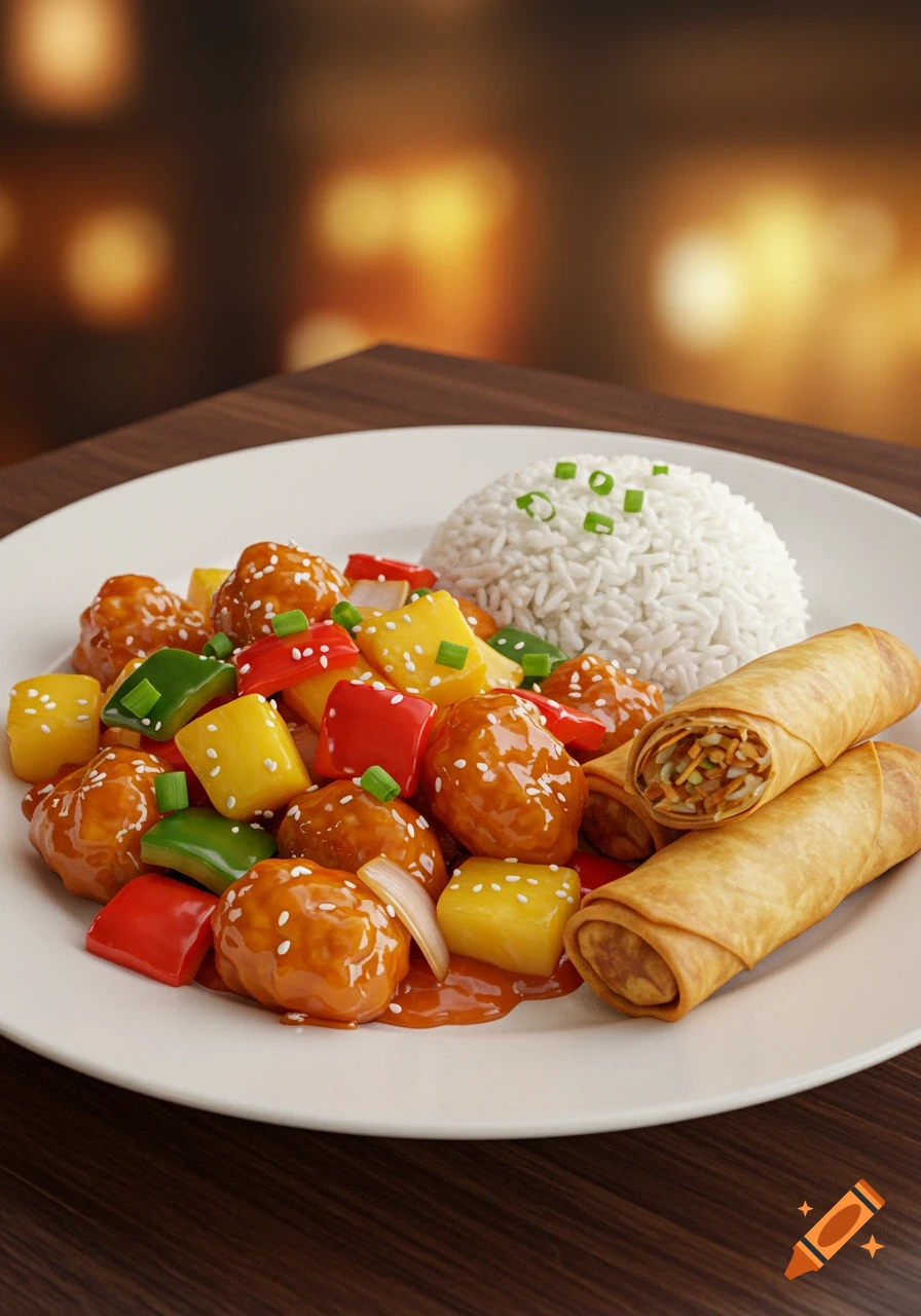 A plate of sweet and sour chicken with bell peppers, pineapple, and sesame seeds, served with white rice and two crispy spring rolls.