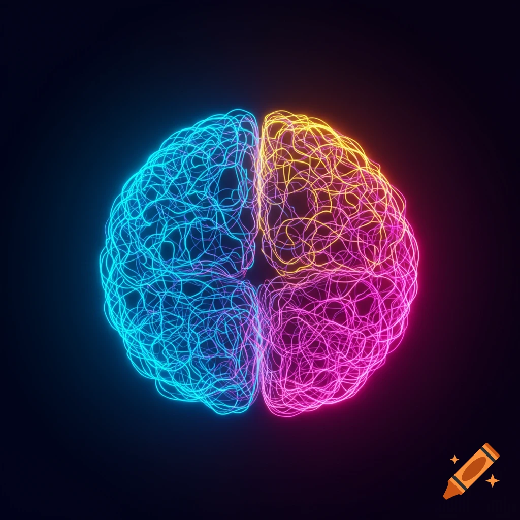 Minimalist abstract brain formed by glowing lines in vibrant cyan, yellow, and magenta against a dark background.