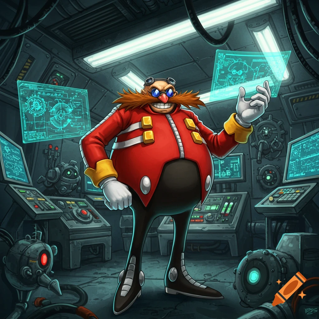 Dr. Eggman in a sci-fi lab, holding a glowing holographic schematic, surrounded by screens and mechanical devices. Cartoon style.