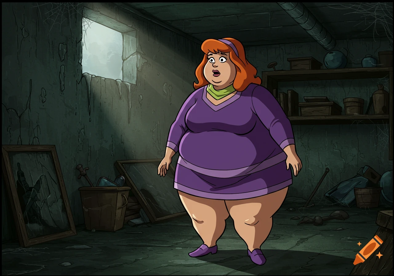 An obese Daphne Blake from Scooby-Doo stands surprised in a dark, decrepit 2D animated basement.