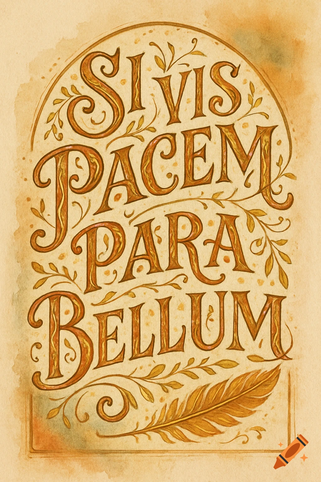 Decorative watercolor typography of the Latin phrase 'Si vis pacem, para bellum' with leafy embellishments and a feather, on aged paper.