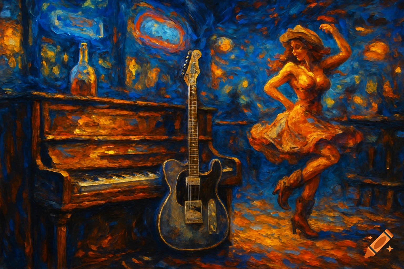 Impressionist painting of a woman dancing in a barroom with a piano, guitar, and liquor bottle.