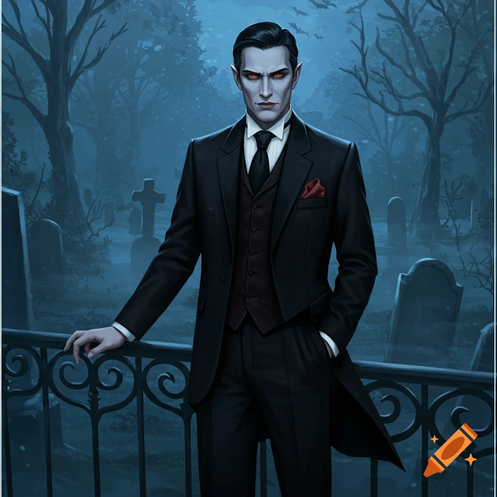 A formal-dressed vampire with red eyes and fangs stands in a misty graveyard at night, his hand resting on a wrought iron fence.