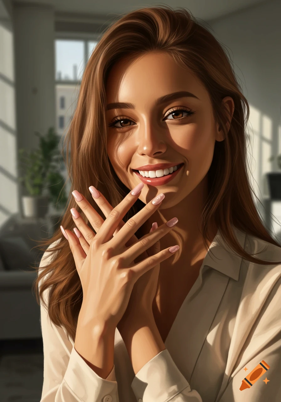 Smiling young woman with long brown hair and pink nails, hands clasped, in a sunlit indoor setting.