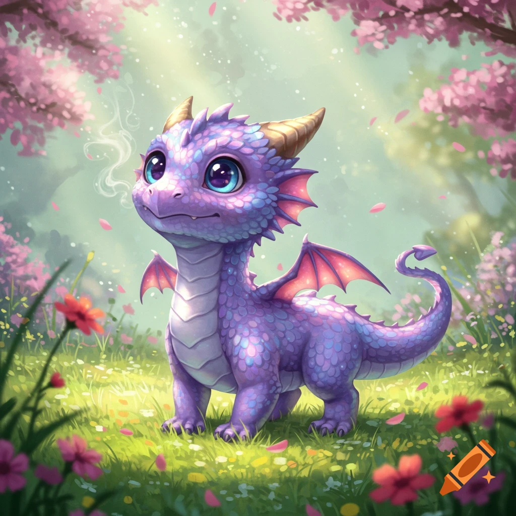 A cute purple and blue baby dragon with big eyes sits in a vibrant flower-filled meadow under cherry blossom trees.