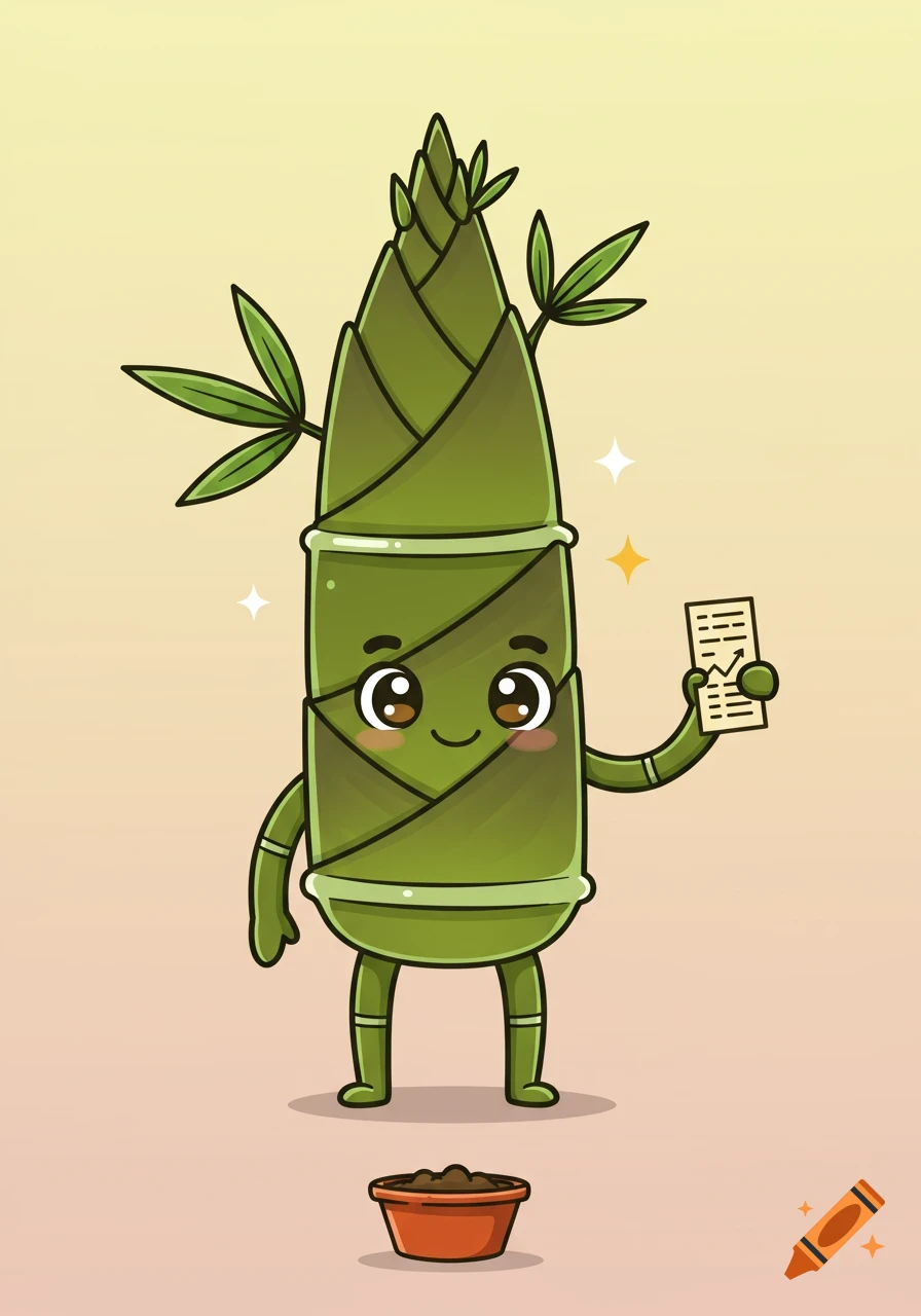 A cute, friendly anthropomorphic bamboo shoot mascot holding a small ledger, standing above a pot of soil, in a flat vector illustration style.
