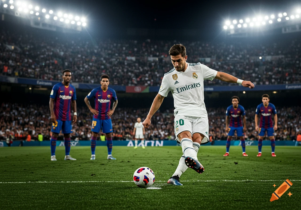 A Real Madrid player in a white jersey takes a free kick against Barcelona players in a night stadium, with a packed crowd.