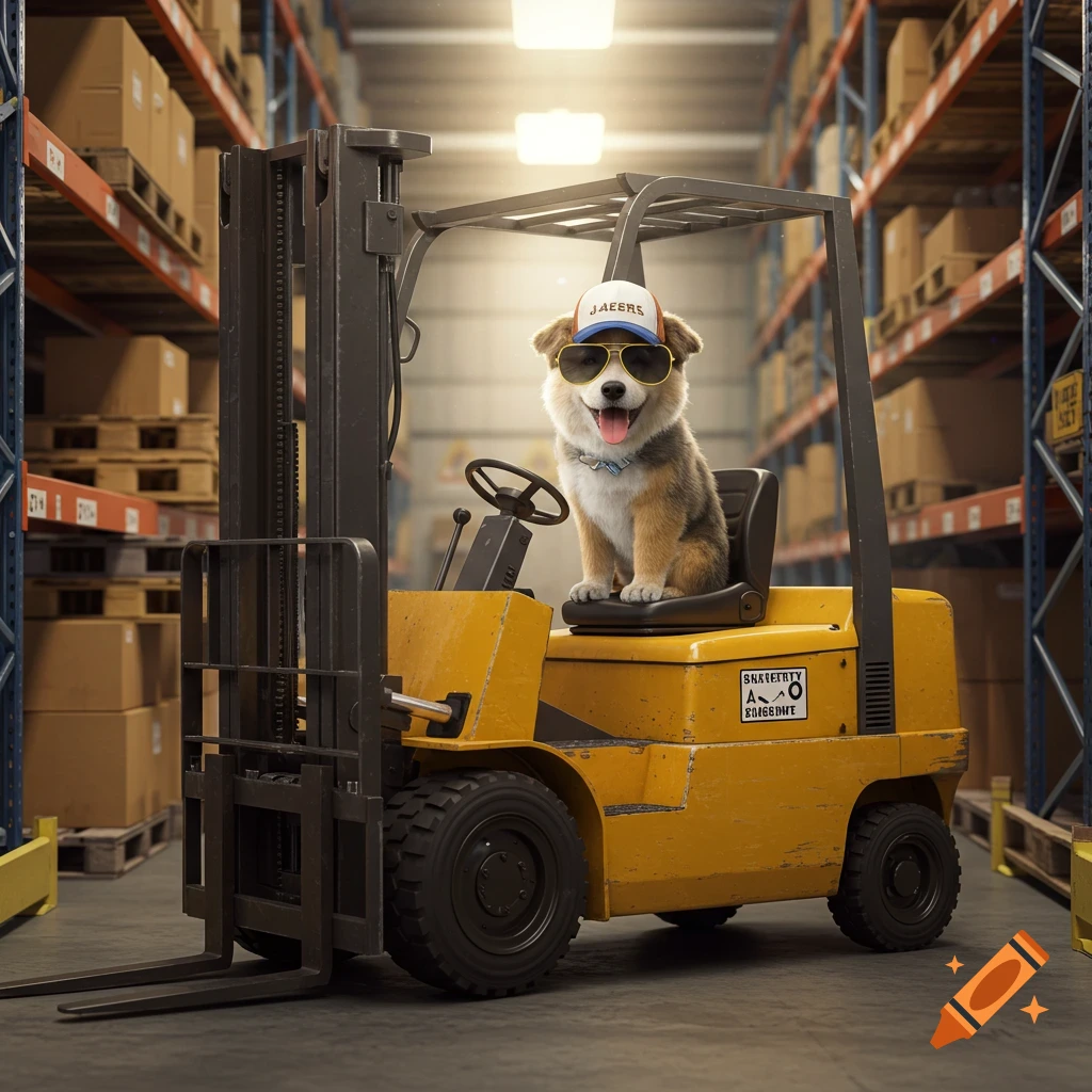 A cute corgi dog wearing a baseball cap and sunglasses sits on a yellow forklift in a warehouse.