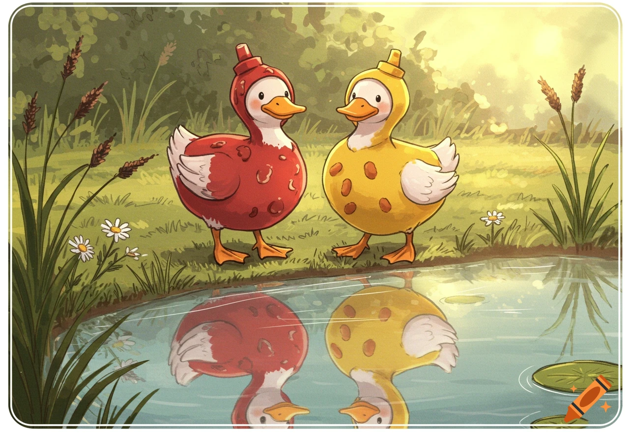 Two cute cartoon ducks, one red ketchup and one yellow mustard, stand by a pond with their reflections in the water.