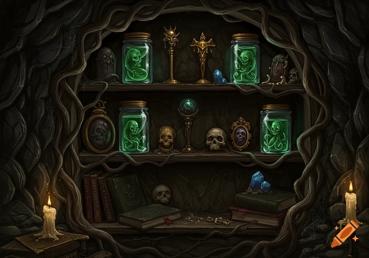 Macabre bookshelf in a dark cave with glowing green jars of specimens, skulls, books, and magical artifacts, lit by candles.