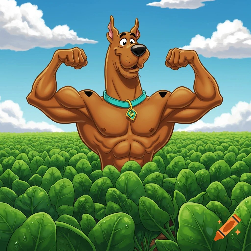 Scooby Doo with a muscular human-like body flexing in a vibrant green spinach field under a blue sky.