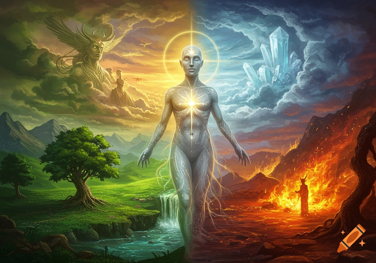 A glowing spiritual figure stands between a lush green landscape and a fiery, crystal-filled realm, with an ethereal winged being in the sky.