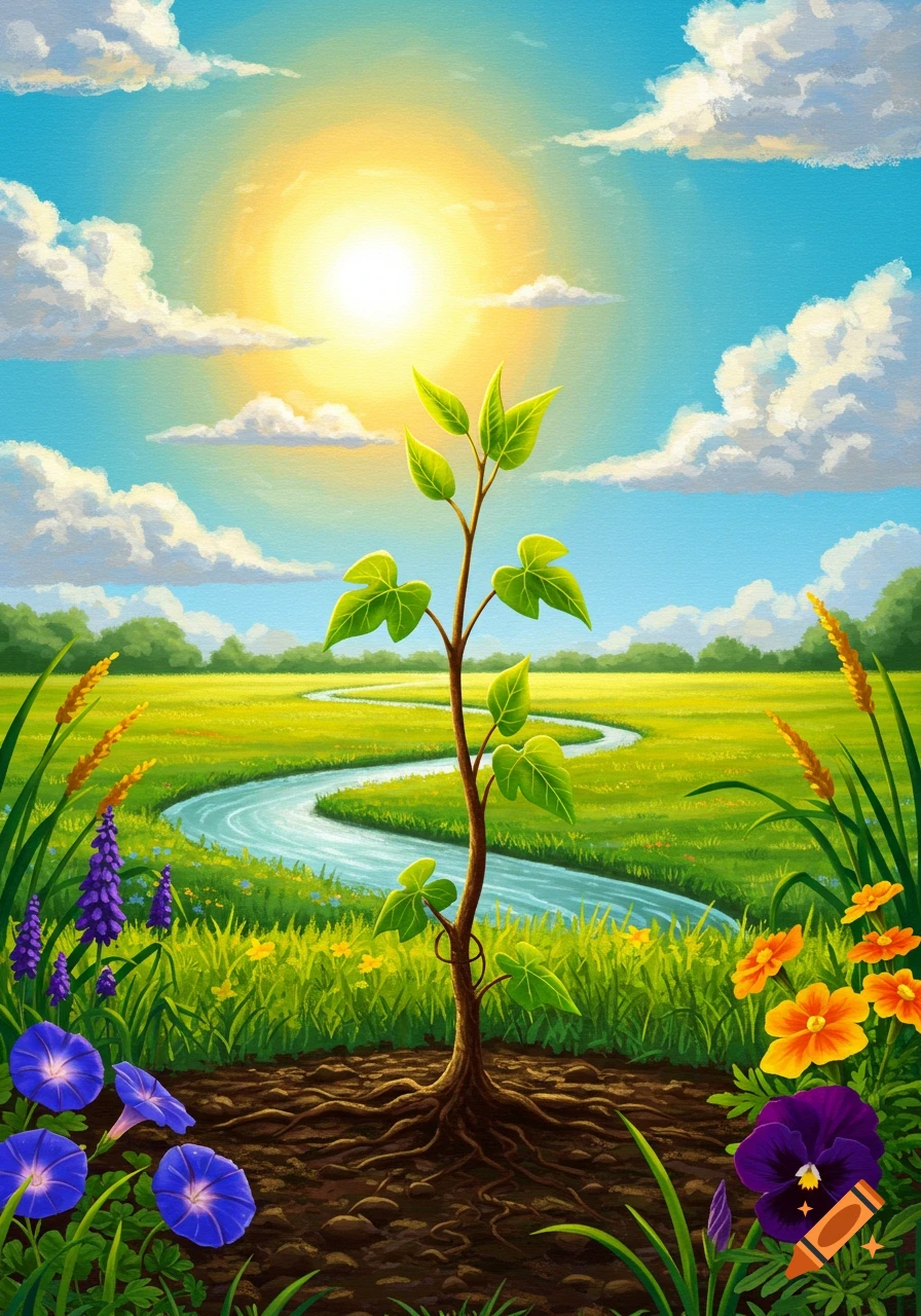 Vibrant illustration of a young plant with roots in a sunny green field, winding river, and blue sky with clouds.