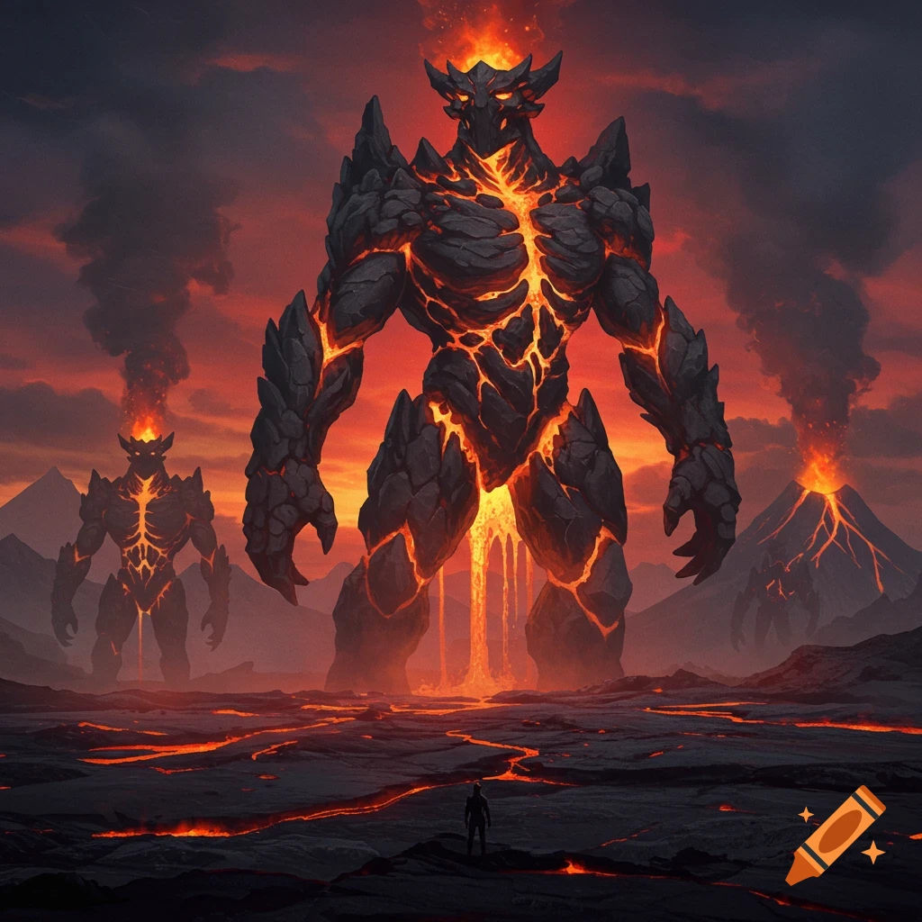 Colossal lava and rock monsters stand in a fiery volcanic landscape, a tiny human below.
