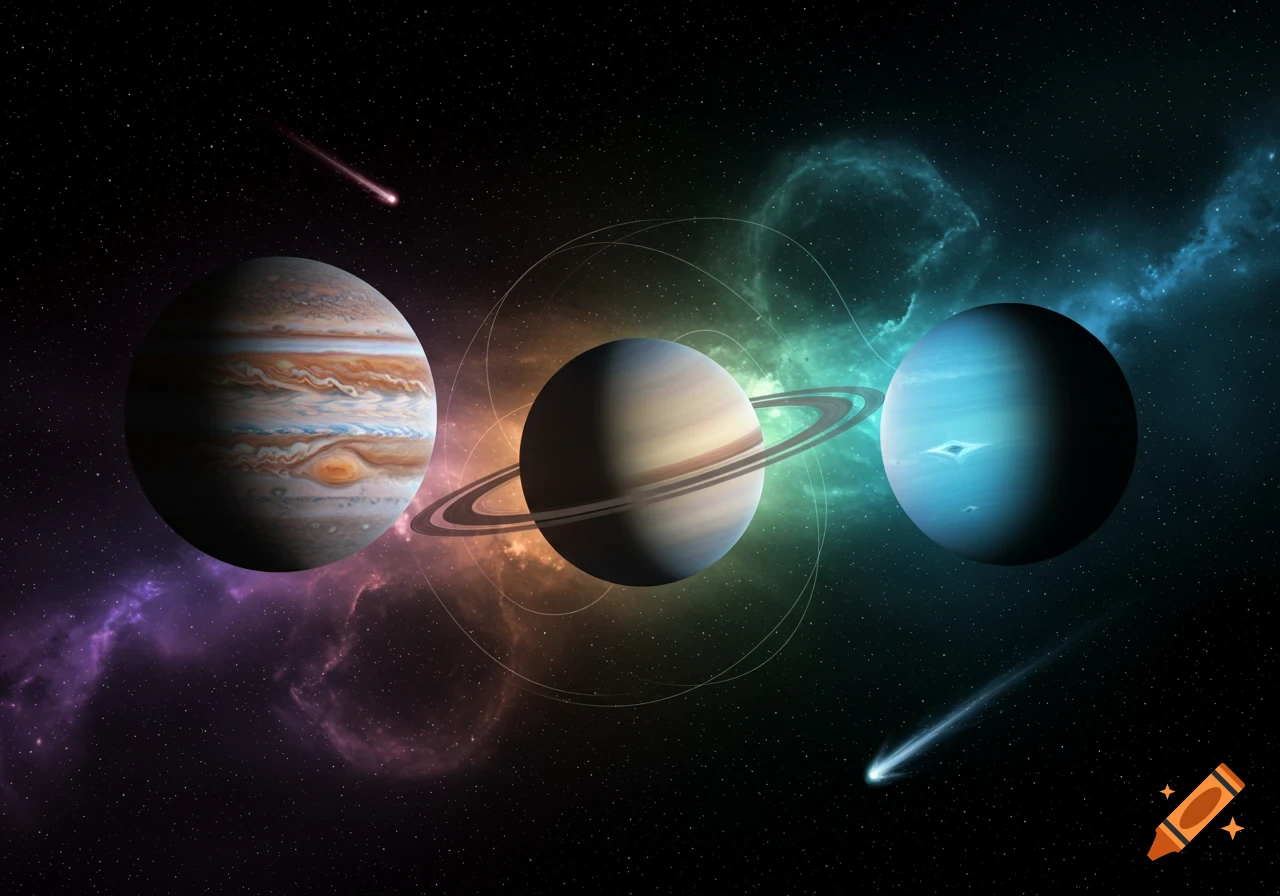 Jupiter, Saturn, and a blue planet with rings and comets in a vibrant space nebula with stars.