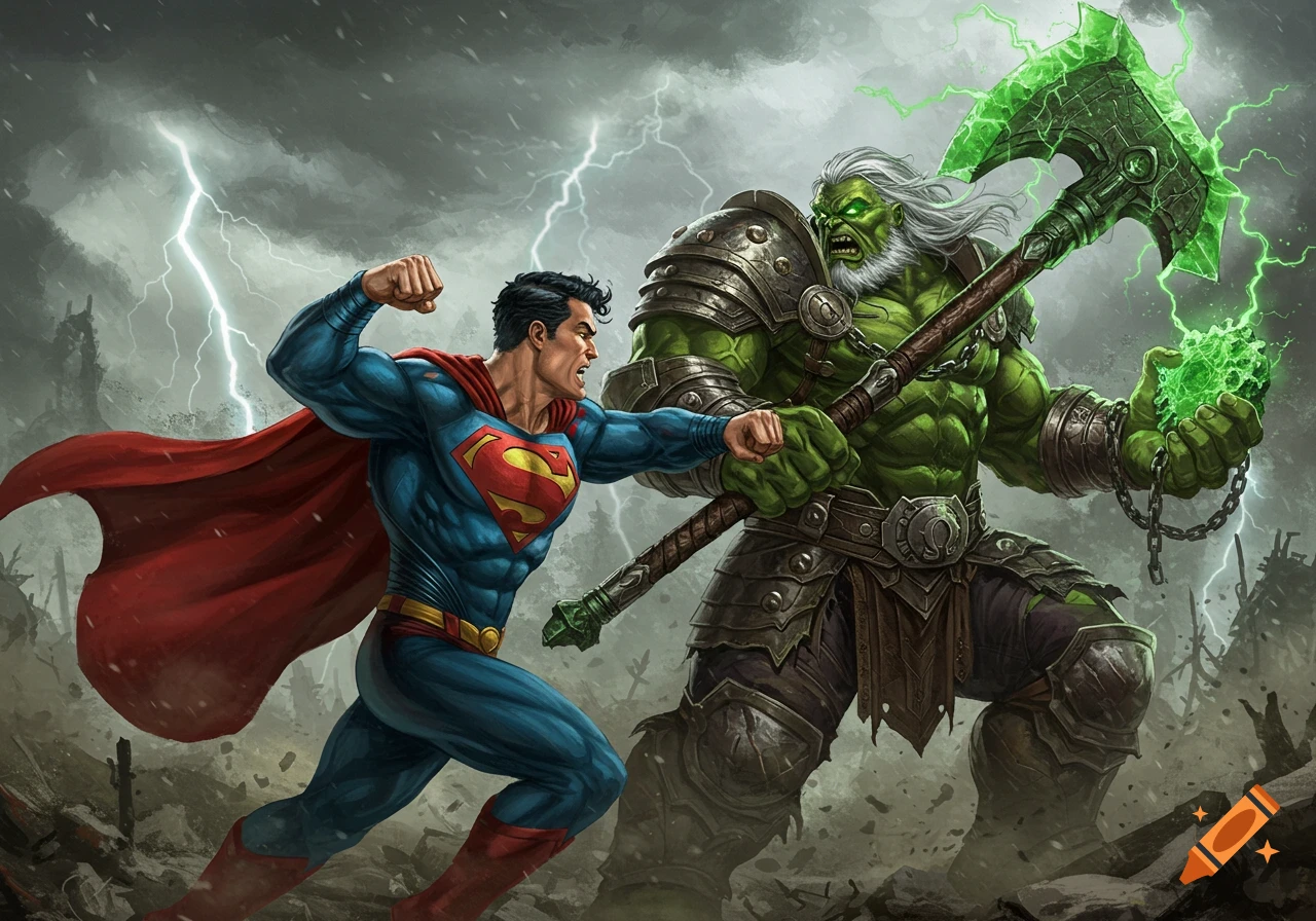 Superman punches a gray-bearded, armored green giant holding a glowing green axe and energy orb, under a stormy, lightning-filled sky.