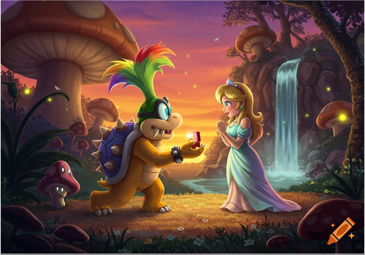 Iggy Koopa proposes to Princess Peach with a ring in a magical forest at sunset, featuring giant mushrooms and a waterfall.