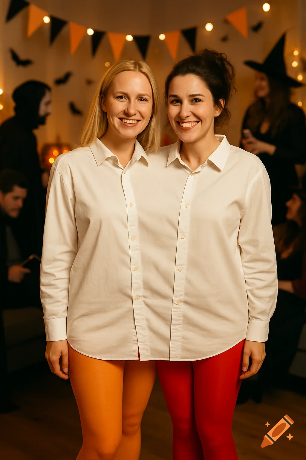 Two smiling women, a blonde and a brunette, wear a conjoined white shirt and colorful tights (orange and red) at a Halloween party. Background shows blurred partygoers and decorations.