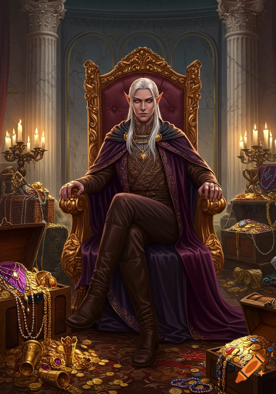 A pale elf with white hair and red eyes sits regally on a golden throne, wearing a purple cloak, surrounded by treasure.
