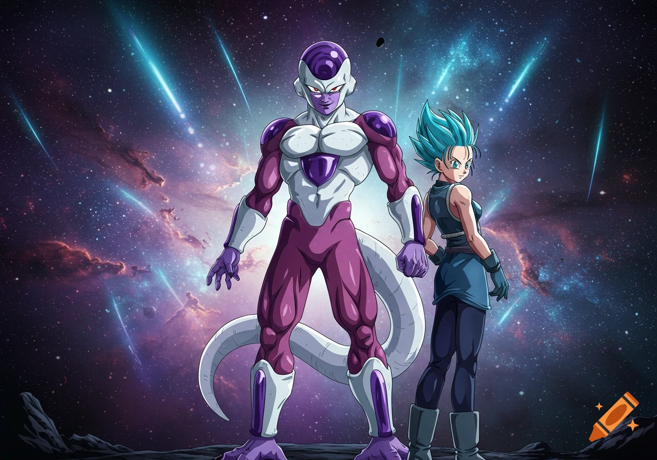 Frieza and a blue-haired female character stand in an anime style against a cosmic, star-filled background with streaks of light.