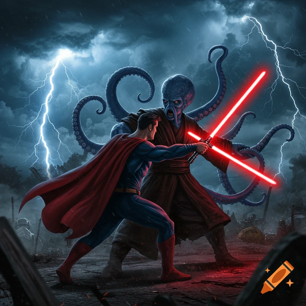 Superman battles a blue octopus humanoid wielding a red crossguard lightsaber amidst a stormy, war-torn landscape.