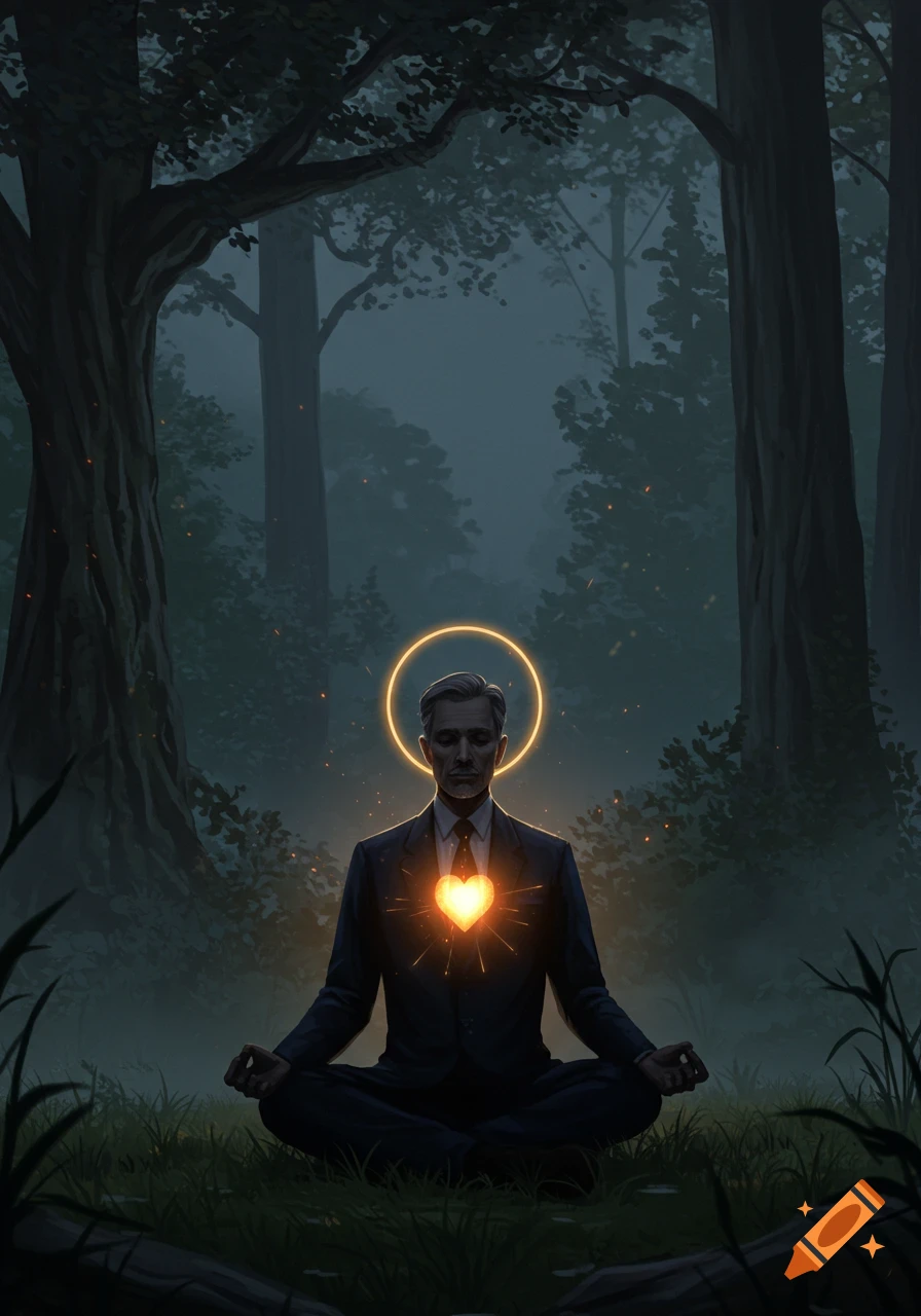 A man in a suit meditates cross-legged in a dark, misty forest, with a glowing heart and a golden halo.