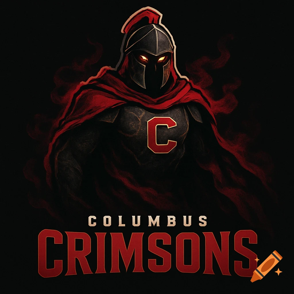 Stylized dark illustration of a Spartan-like warrior with glowing eyes, red cape, and armor with a 'C' emblem. Text reads 'COLUMBUS CRIMSONS'.