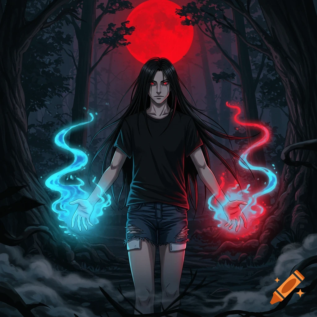 Anime character with long black hair and red eyes in a dark forest with a red moon, emitting blue and red magical auras from hands.