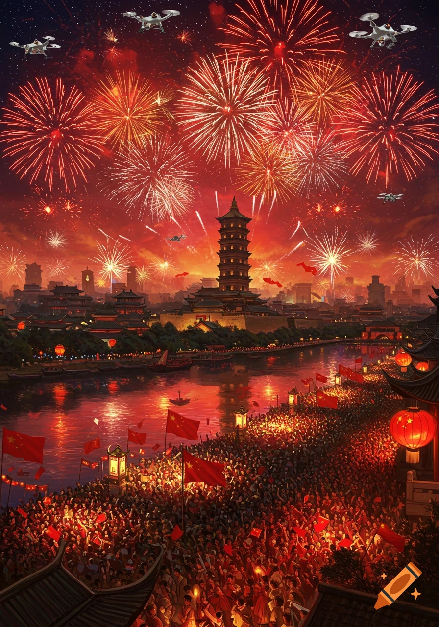 Vibrant illustration of a night celebration in a Chinese city with fireworks, a pagoda, a river, and a large crowd with flags and lanterns.