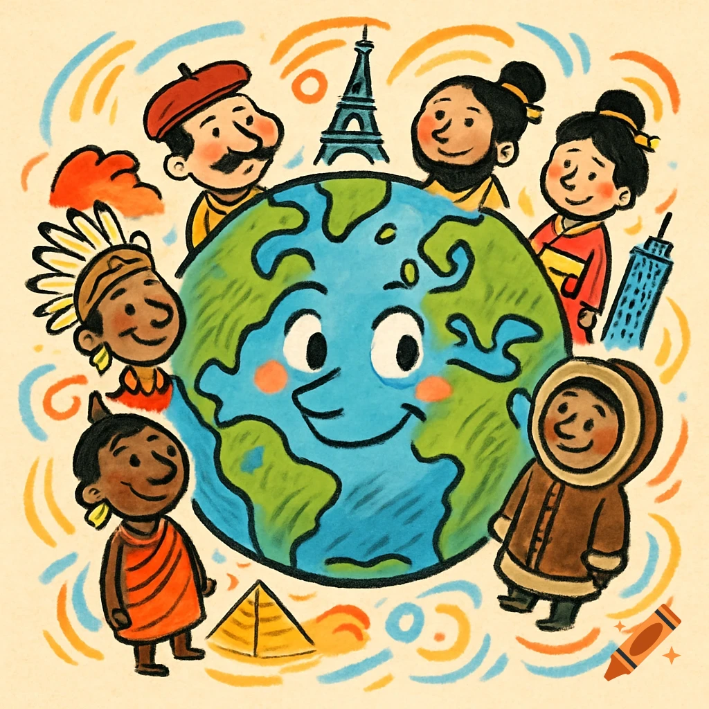 A colorful cartoon illustration of a happy Earth surrounded by diverse people in traditional attire and world landmarks.
