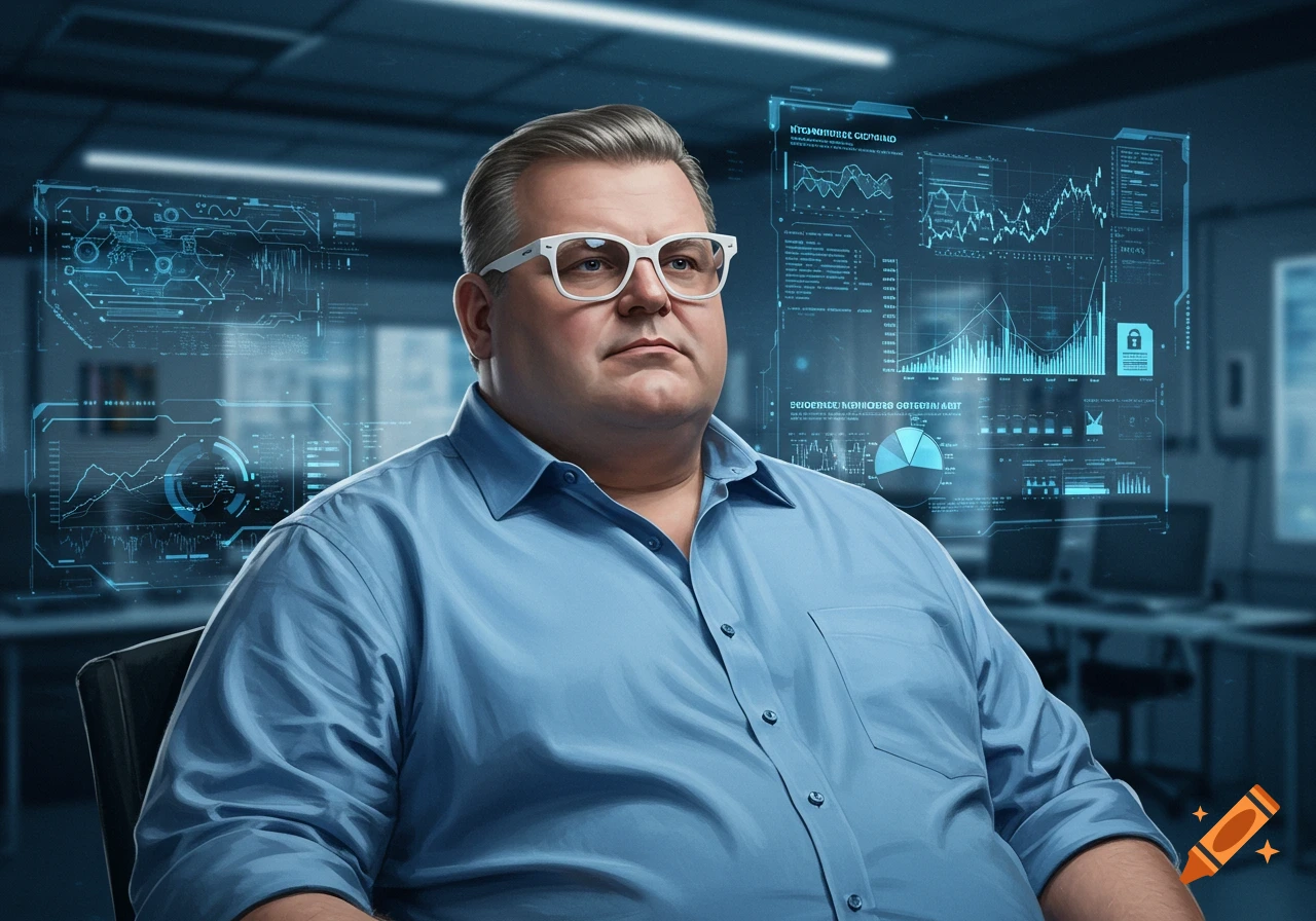 A man in a blue shirt and white glasses sits in front of holographic data screens displaying charts and graphs.
