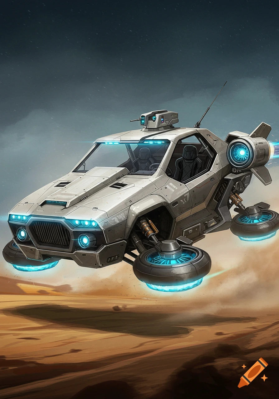 A sleek, gray futuristic military hover vehicle with glowing blue thrusters flies over a sandy desert landscape.