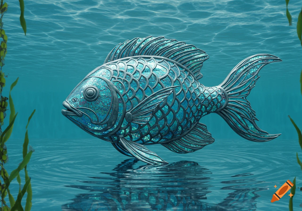 An intricately designed blue-green mosaic fish sculpture partially submerged in clear blue water with reflections and aquatic plants.