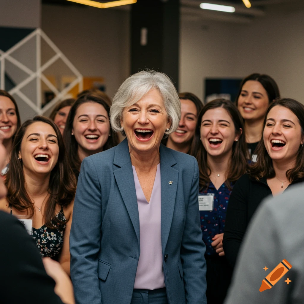 A white woman with gray hair in a blue suit laughs heartily with a group of younger women at an indoor event, photorealistic.