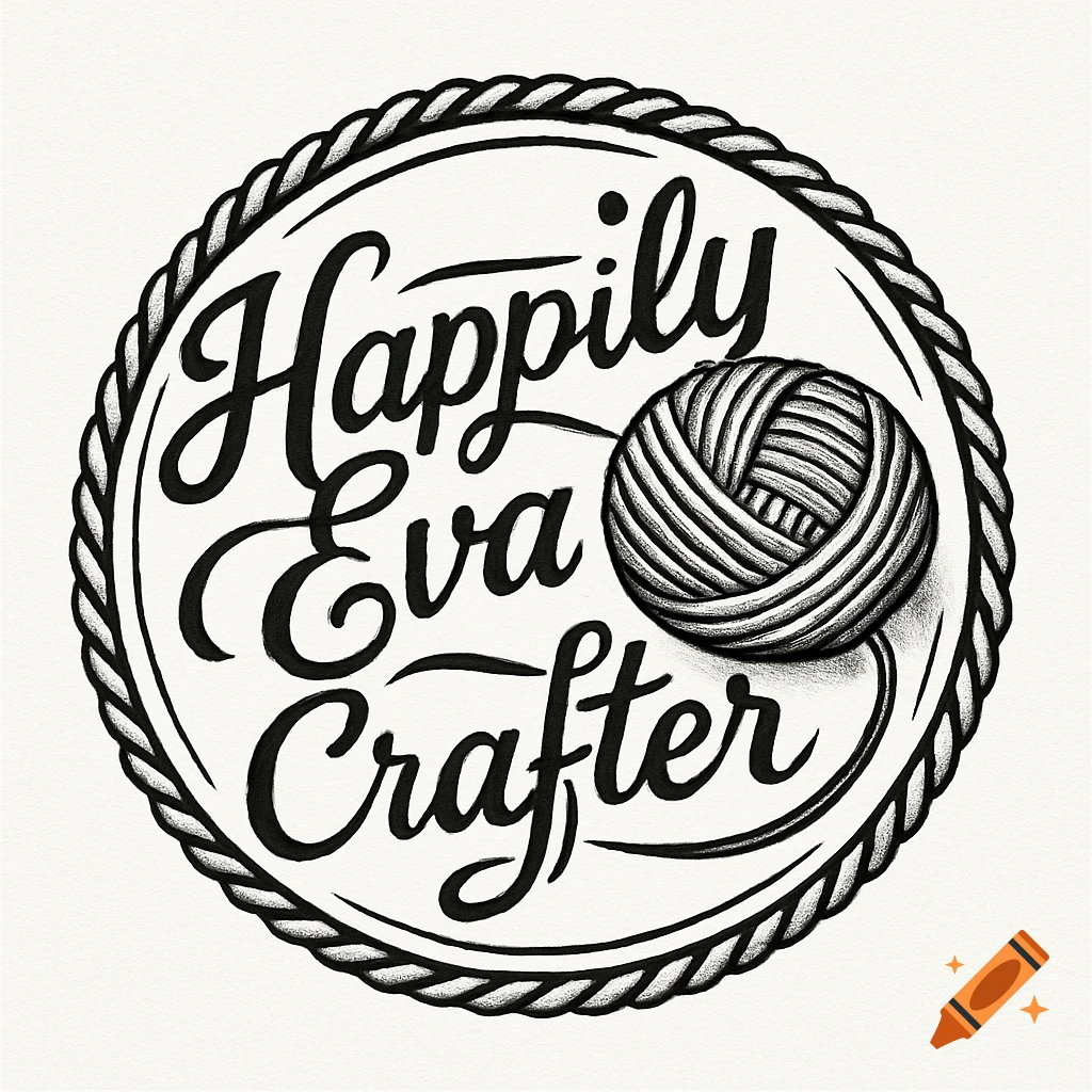 Black and white logo featuring the text 'Happily Eva Crafter' and a stylized ball of yarn within a rope-like circular border.