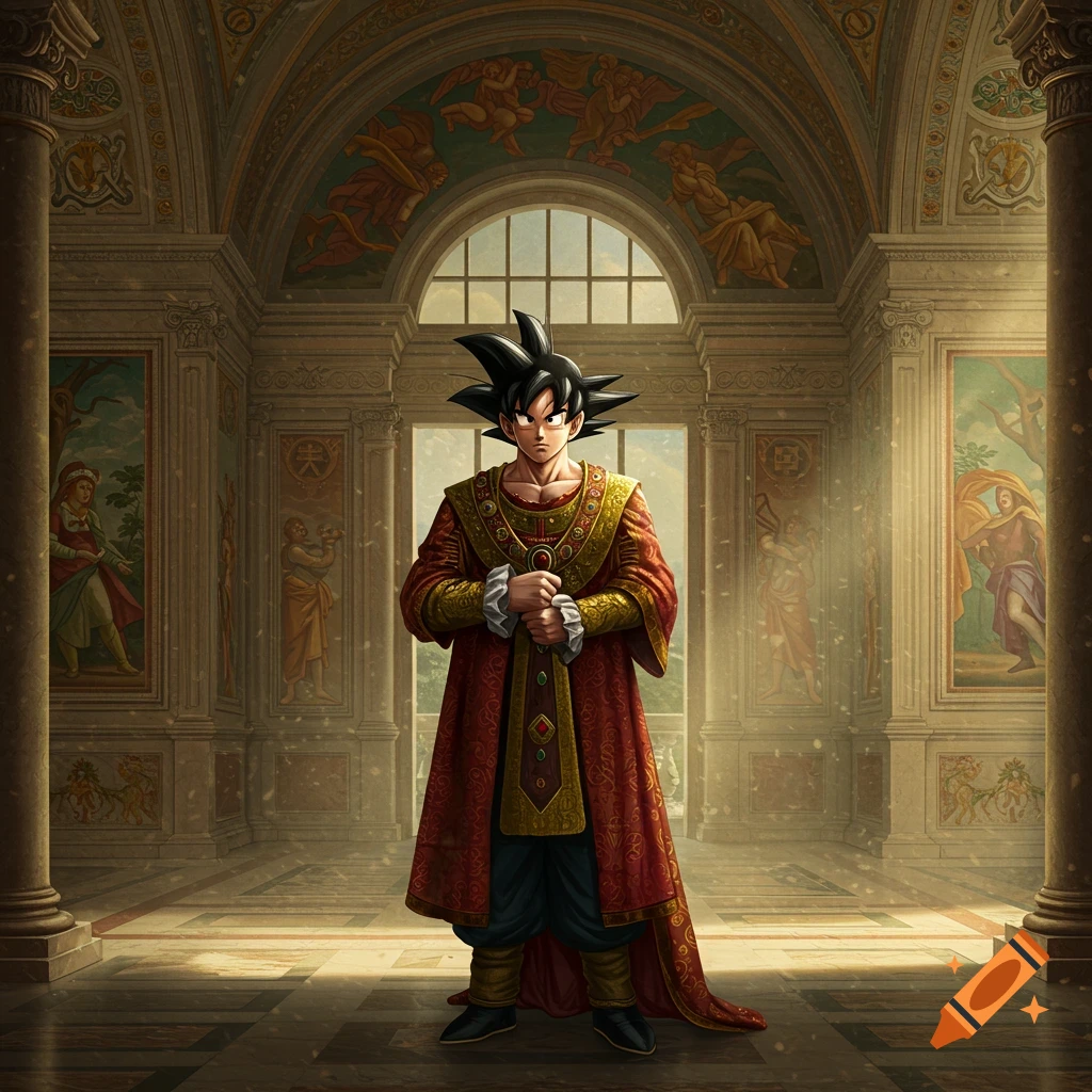 Goku stands grandly in a richly decorated Renaissance hall, wearing an elaborate red and gold royal robe.