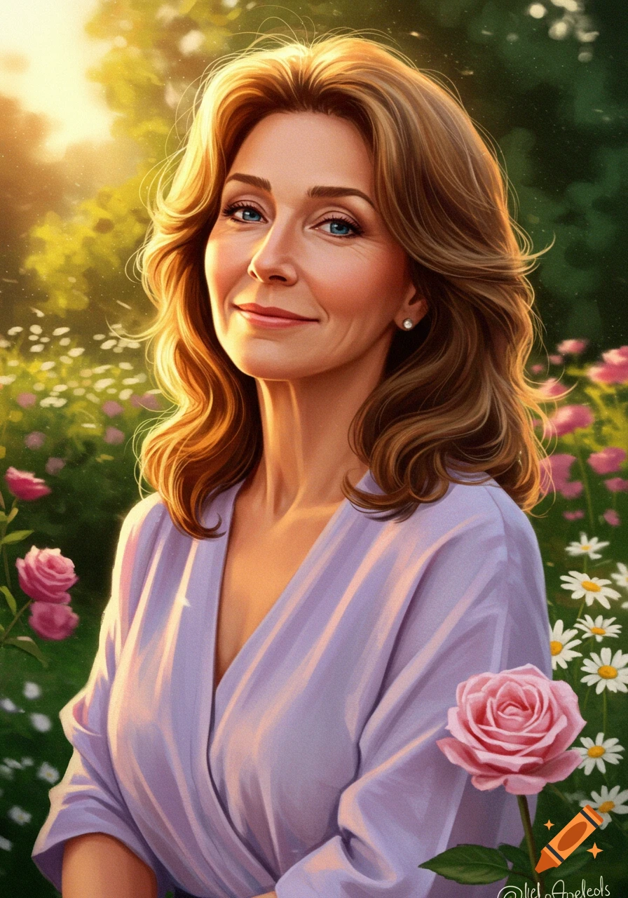 Digital painting of a smiling woman with brown hair and blue eyes in a lavender top, standing in a sunny garden with pink roses and daisies.