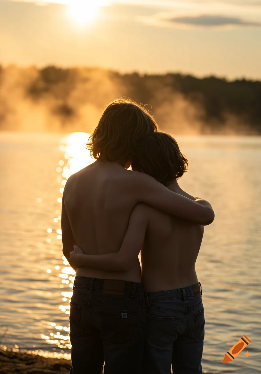 Two brothers hug by a lake at sunset, viewed from behind. Golden light reflects on the water.
