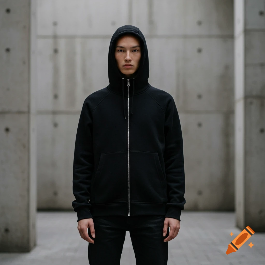 A person in a black hooded sweatshirt and black jeans standing in a concrete room.