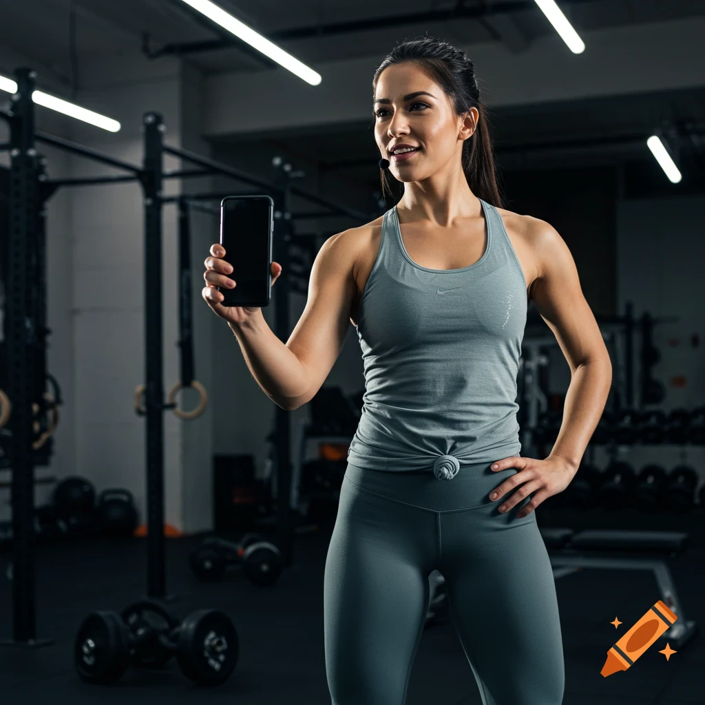 Photorealistic image of a smiling fitness instructor in a gym, holding up a phone with a black screen.
