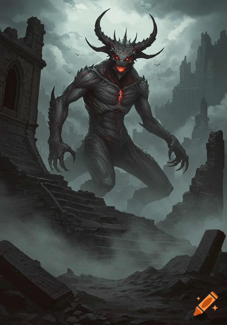 A formidable dark horned demon with glowing red eyes and chest stands amidst ancient ruins in a foggy, desolate landscape, in a dark fantasy art style.