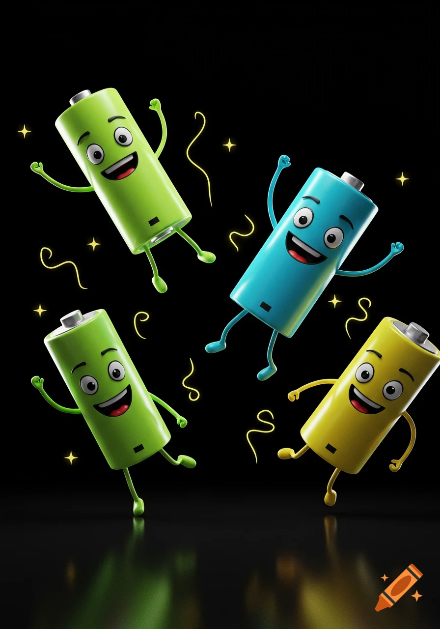 Four happy, colorful animated battery characters dance against a black background with yellow sparkles and lines.